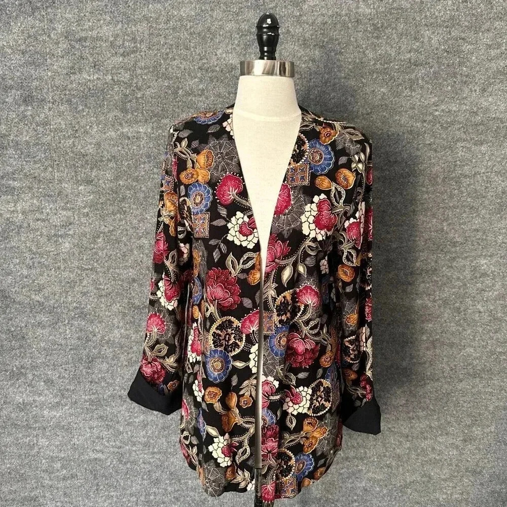 Vintage Artsy Floral Cardigan Womens Small Colorful Open Front Granny Top